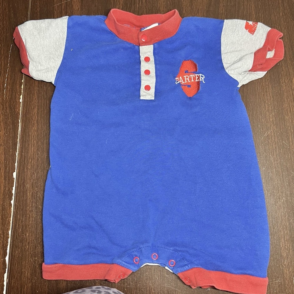 Vtg Starter Baby 24M‎ Shorts Romper Red Blue Colorblock Snap One Piece Outfit